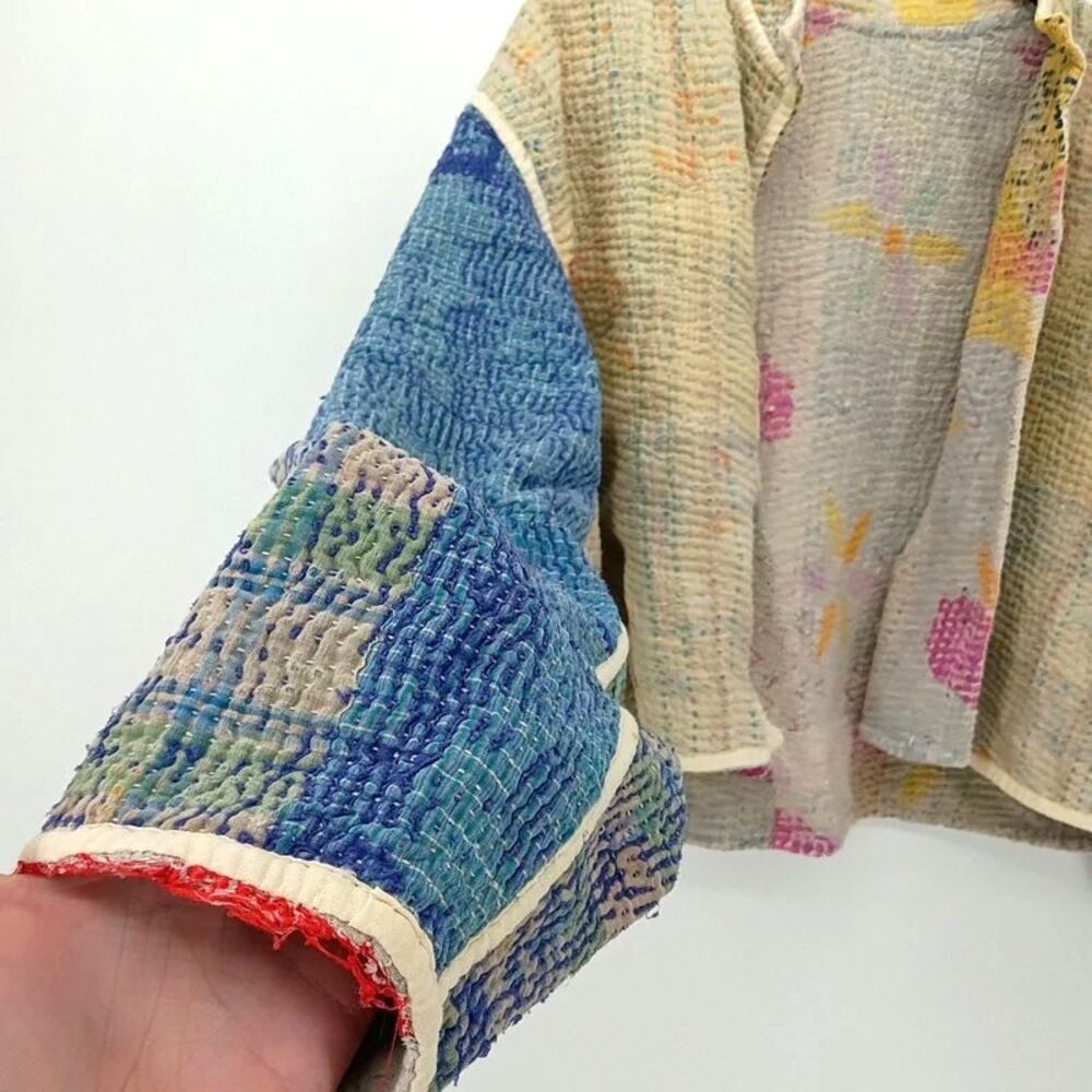 Reversible Kantha Quilted Patchwork Cropped Jacket Handmade Boho Wearable Art - Picture 2 of 14